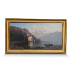 Un tableau \"Château de Chillon\" signé A. Veillon. Suisse. Vaudois